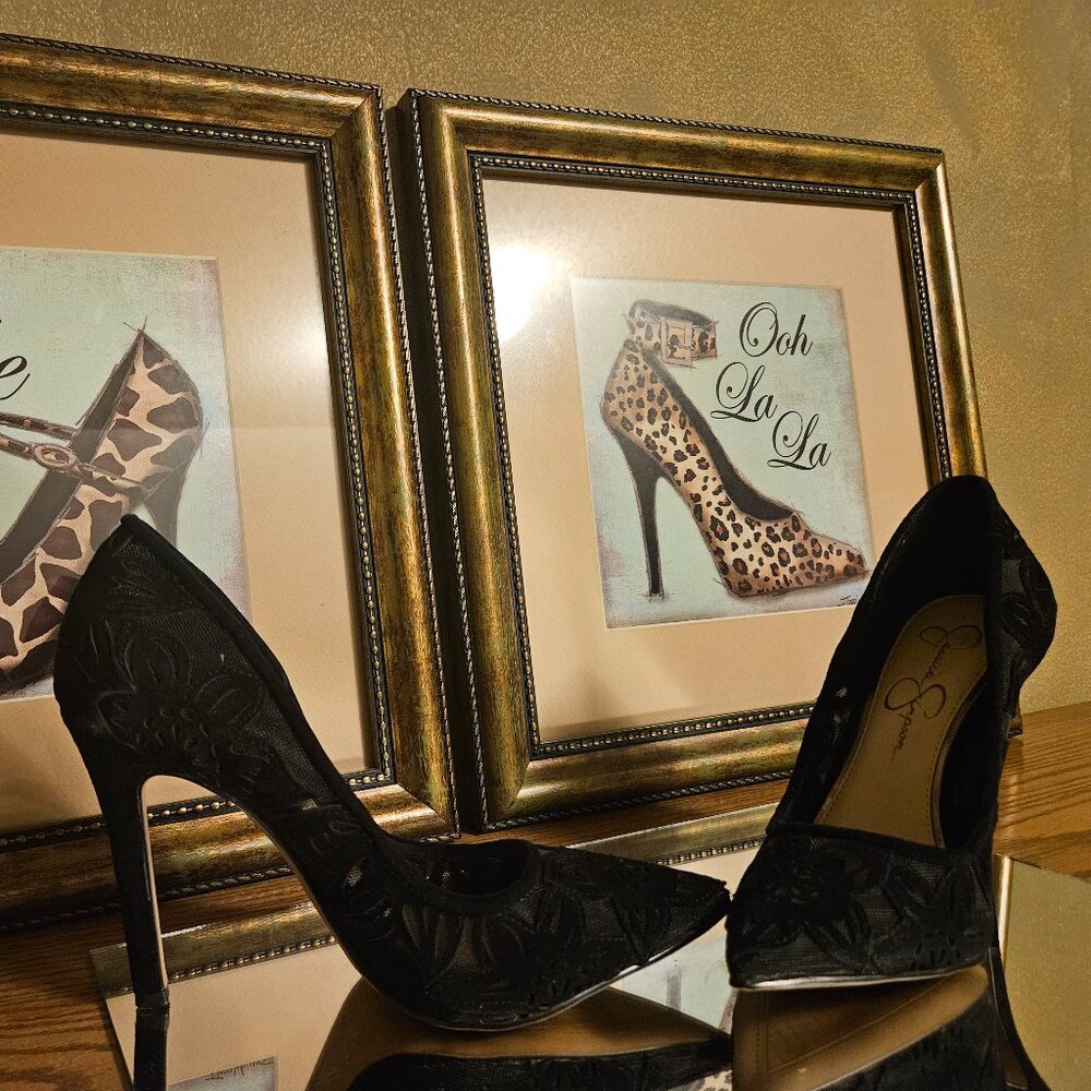 🖤Jessica Simpson Chareese Black Suede Lace Appliqué Stiletto Pump – Size 6M - Picture 2 of 4